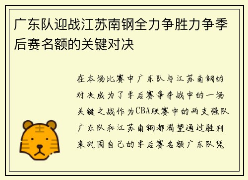 广东队迎战江苏南钢全力争胜力争季后赛名额的关键对决